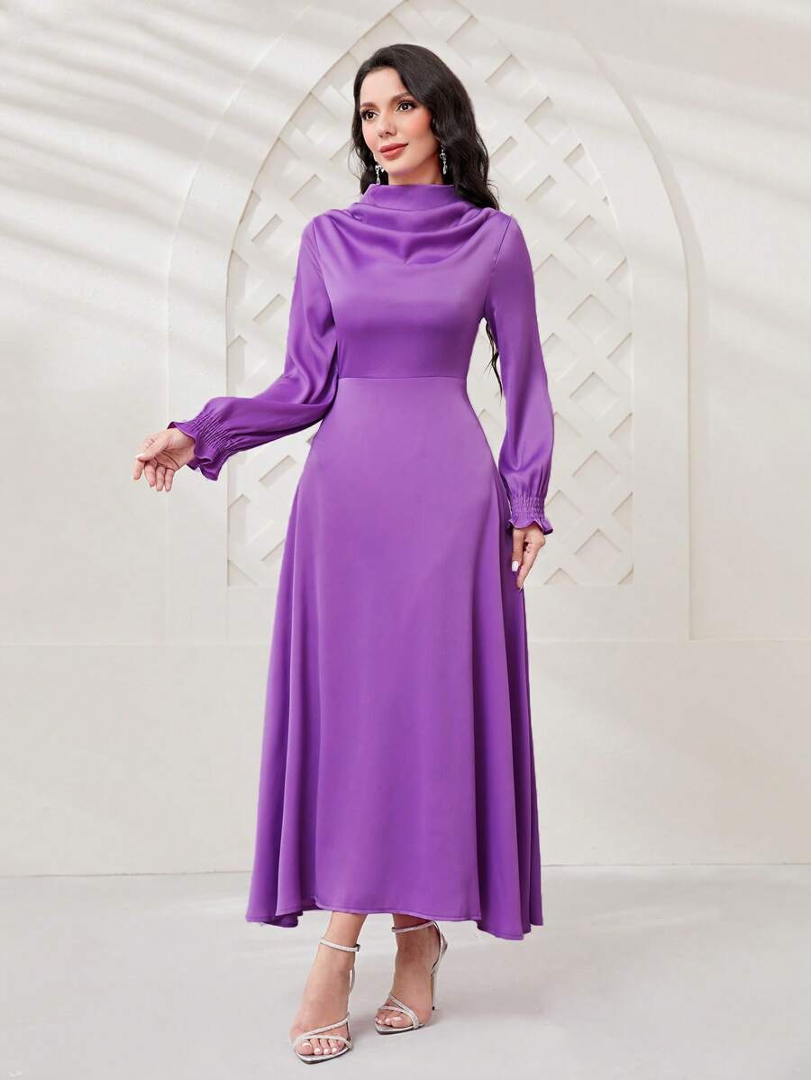Modelyn Draped Collar Flounce Sleeve Satin Dress Church Modest Dress ...