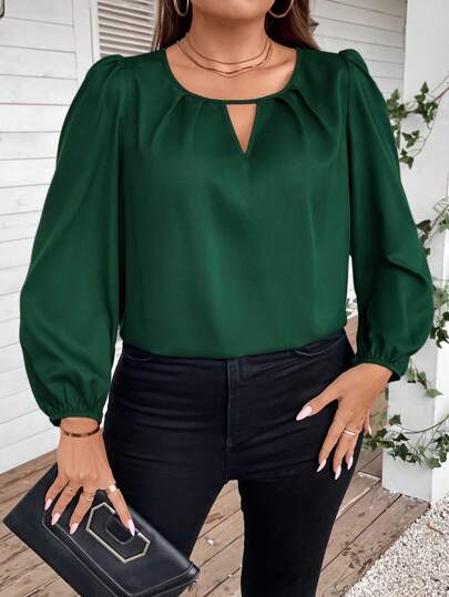 Reflora Plus Keyhole Neckline Lantern Sleeve Green Blouse