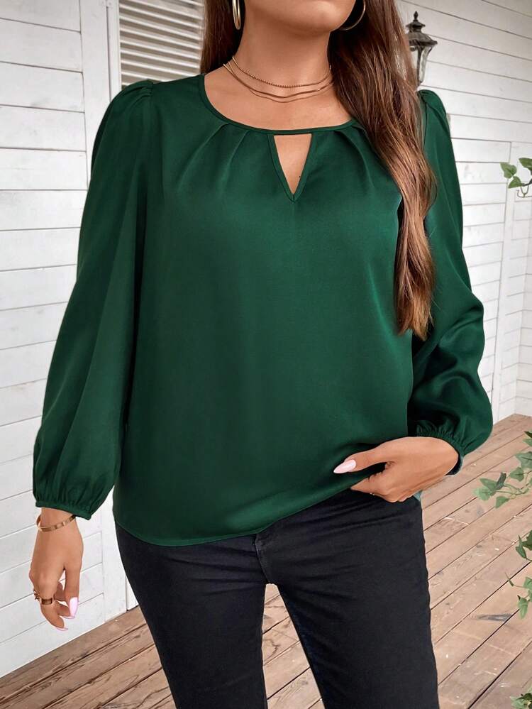 Plus Keyhole Neckline Lantern Sleeve Green Blouse
