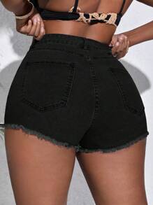 SHEIN SXY Plus Ripped Raw Hem Denim Shorts - Black - View 2