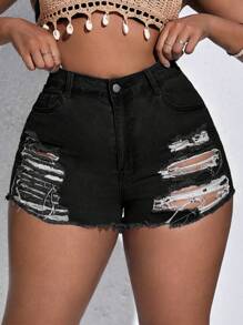 SHEIN SXY Plus Ripped Raw Hem Denim Shorts - Black - View 3