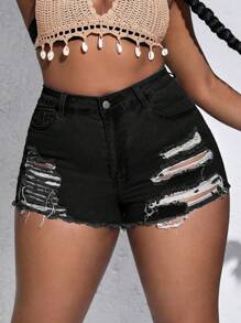 SHEIN SXY Plus Ripped Raw Hem Denim Shorts - Black - View 5