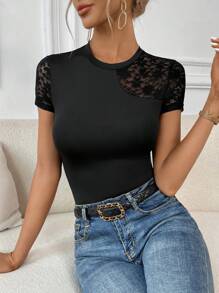 SHEIN Privé Ren tương phản Vòng cổ Áo thun - màu đen - Xem 3