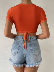 SHEIN Essnce 素色深V領短款T恤 - 橘色 - 查看 2