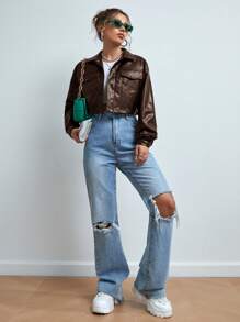 SHEIN EZwear Túi có nắp Thả vai chất liệu da PU Áo khoác - màu nâu - Xem 3