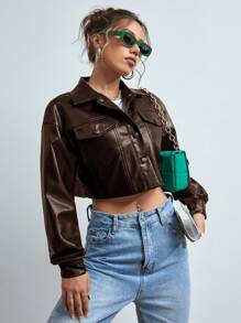 SHEIN EZwear Túi có nắp Thả vai chất liệu da PU Áo khoác - màu nâu - Xem 5