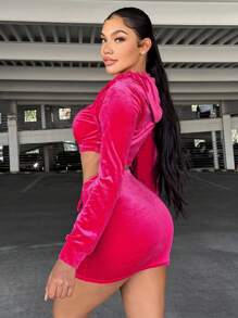 SHEIN SXY Dây rút áo có mũ Mùa vụ Nhung Áo khoác & Váy bodycon - Màu Hồng Tươi - Xem 3