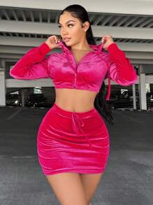 SHEIN SXY Dây rút áo có mũ Mùa vụ Nhung Áo khoác & Váy bodycon - Màu Hồng Tươi - Xem 4