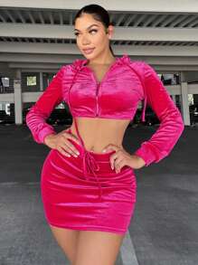 SHEIN SXY Dây rút áo có mũ Mùa vụ Nhung Áo khoác & Váy bodycon - Màu Hồng Tươi - Xem 5