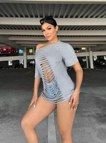 SHEIN SXY Solid Ladder Cut Out Tee - Grey - View 4