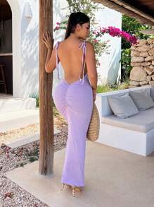 SHEIN SXY Cà vạt vai Không lưng Xù Váy Dây - Màu tím - Xem 1