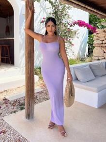 SHEIN SXY Cà vạt vai Không lưng Xù Váy Dây - Màu tím - Xem 2