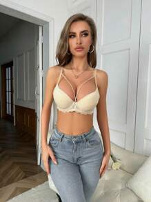 Apricot Plain Lace Push Up Bra For Women Medium Stretch Fabric - Apricot - View 3