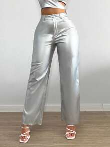 SHEIN SXY High Waist PU Leather Wide Leg Trousers - Silver - View 1