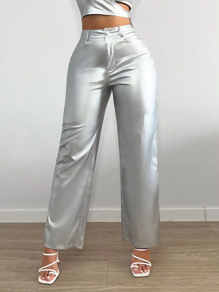 SHEIN SXY High Waist PU Leather Wide Leg Trousers - Silver - View 1