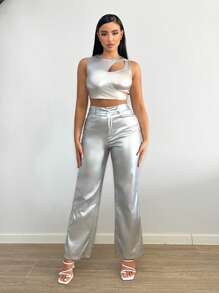 SHEIN SXY High Waist PU Leather Wide Leg Trousers - Silver - View 3