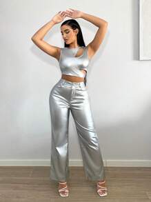 SHEIN SXY High Waist PU Leather Wide Leg Trousers - Silver - View 4