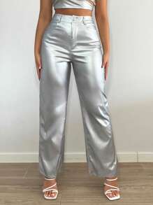 SHEIN SXY High Waist PU Leather Wide Leg Trousers - Silver - View 5