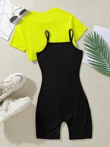 SHEIN Tween Girl Letter Graphic Cami Romper & High Low Hem Tee - Multicolor - View 2