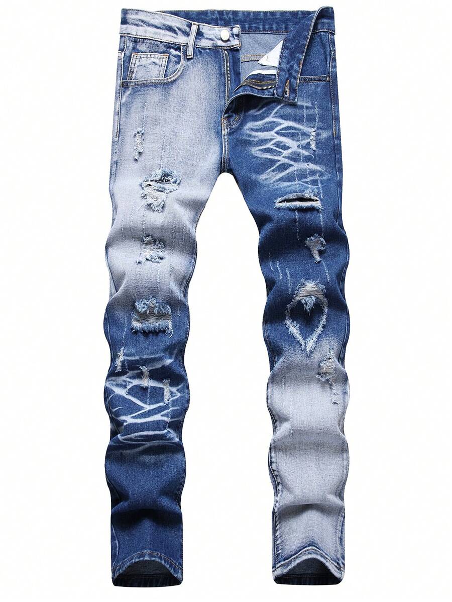Men Colour-block Ripped Frayed Bleach Wash Jeans - Medium Wash - View 1