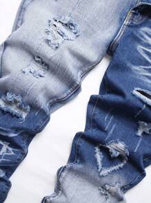 Men Colour-block Ripped Frayed Bleach Wash Jeans - Medium Wash - View 3
