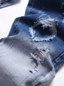 Men Colour-block Ripped Frayed Bleach Wash Jeans - Medium Wash - View 5