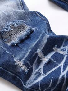 Men Colour-block Ripped Frayed Bleach Wash Jeans - Medium Wash - View 6