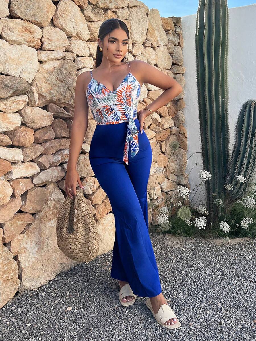 SHEIN SXY 熱帶圖案腰帶吊帶連體褲 - 彩色 - 查看 1