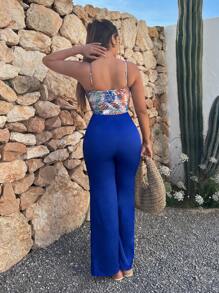 SHEIN SXY 熱帶圖案腰帶吊帶連體褲 - 彩色 - 查看 2