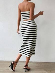 Chiquease Striped Pattern Tube Knit Top & Knit Skirt - Beige - View 2