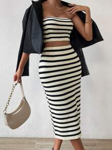 Chiquease Striped Pattern Tube Knit Top & Knit Skirt - Beige - View 6