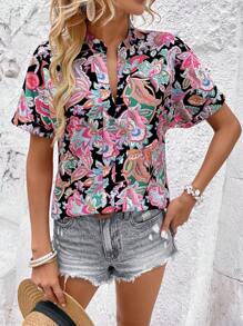 SHEIN VCAY Blusa con estampado de paisley de cuello notch de manga murciélago - Multicolor - Ver 4