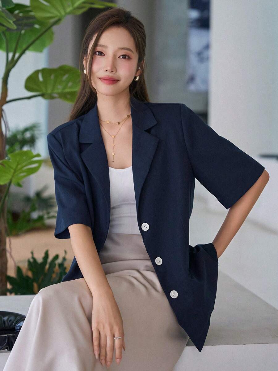 DAZY Blazer de cuello con solapa con botón delantero - Azul Marino - Ver 1