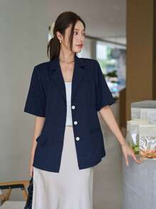 DAZY Blazer de cuello con solapa con botón delantero - Azul Marino - Ver 4