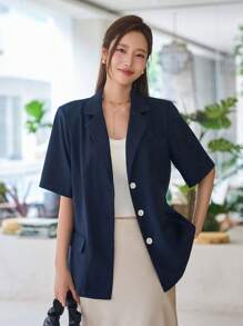 DAZY Blazer de cuello con solapa con botón delantero - Azul Marino - Ver 5