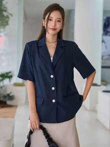DAZY Blazer de cuello con solapa con botón delantero - Azul Marino - Ver 8