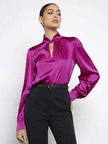 BizChic 鎖眼領燈籠袖緞面襯衫 - 中紫紅色 - 查看 3