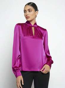BizChic 鎖眼領燈籠袖緞面襯衫 - 中紫紅色 - 查看 6