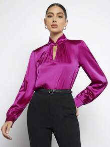 BizChic 鎖眼領燈籠袖緞面襯衫 - 中紫紅色 - 查看 8