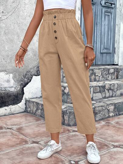SHEIN VCAY Paperbag Waist Button Front Trousers