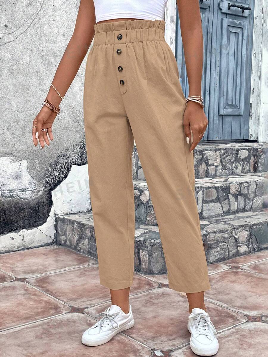 SHEIN VCAY Pantalones de cintura con volante con botón delantero