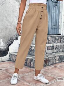 SHEIN VCAY Pantalones de cintura con volante con botón delantero