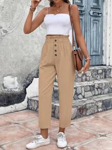 SHEIN VCAY Pantalones de cintura con volante con botón delantero