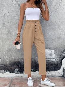 SHEIN VCAY Pantalones de cintura con volante con botón delantero