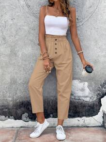 SHEIN VCAY Pantalones de cintura con volante con botón delantero