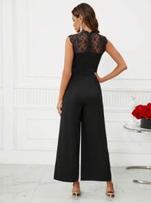 SHEIN Clasi Contrast Lace Mock Neck Wide Leg Jumpsuit - Black - View 2