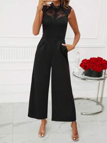 SHEIN Clasi Contrast Lace Mock Neck Wide Leg Jumpsuit - Black - View 1