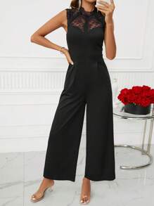 SHEIN Clasi Contrast Lace Mock Neck Wide Leg Jumpsuit - Black - View 3