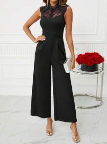SHEIN Clasi Contrast Lace Mock Neck Wide Leg Jumpsuit - Black - View 6