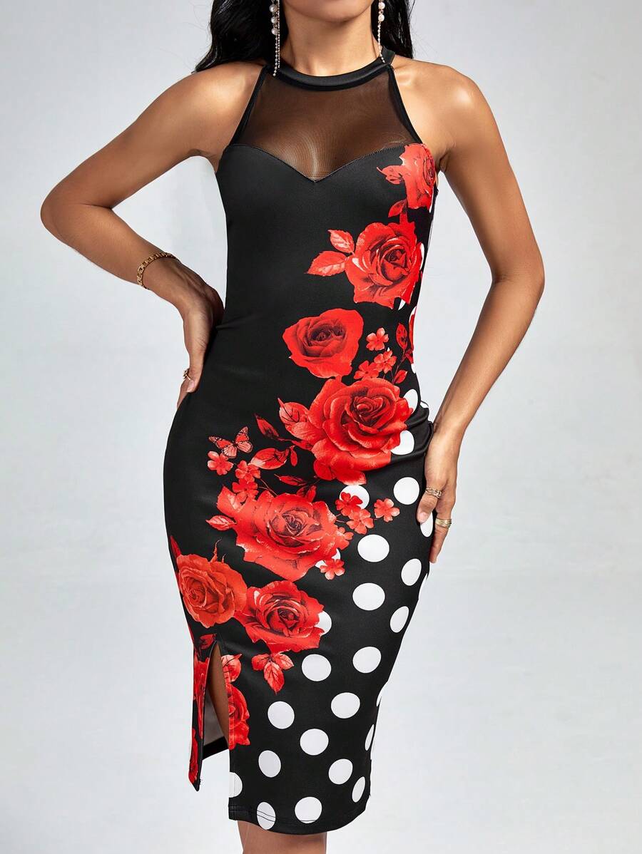 SHEIN Clasi 印花嵌入網紗下擺開叉繞頸緊身洋裝 - 黑色 - 查看 1